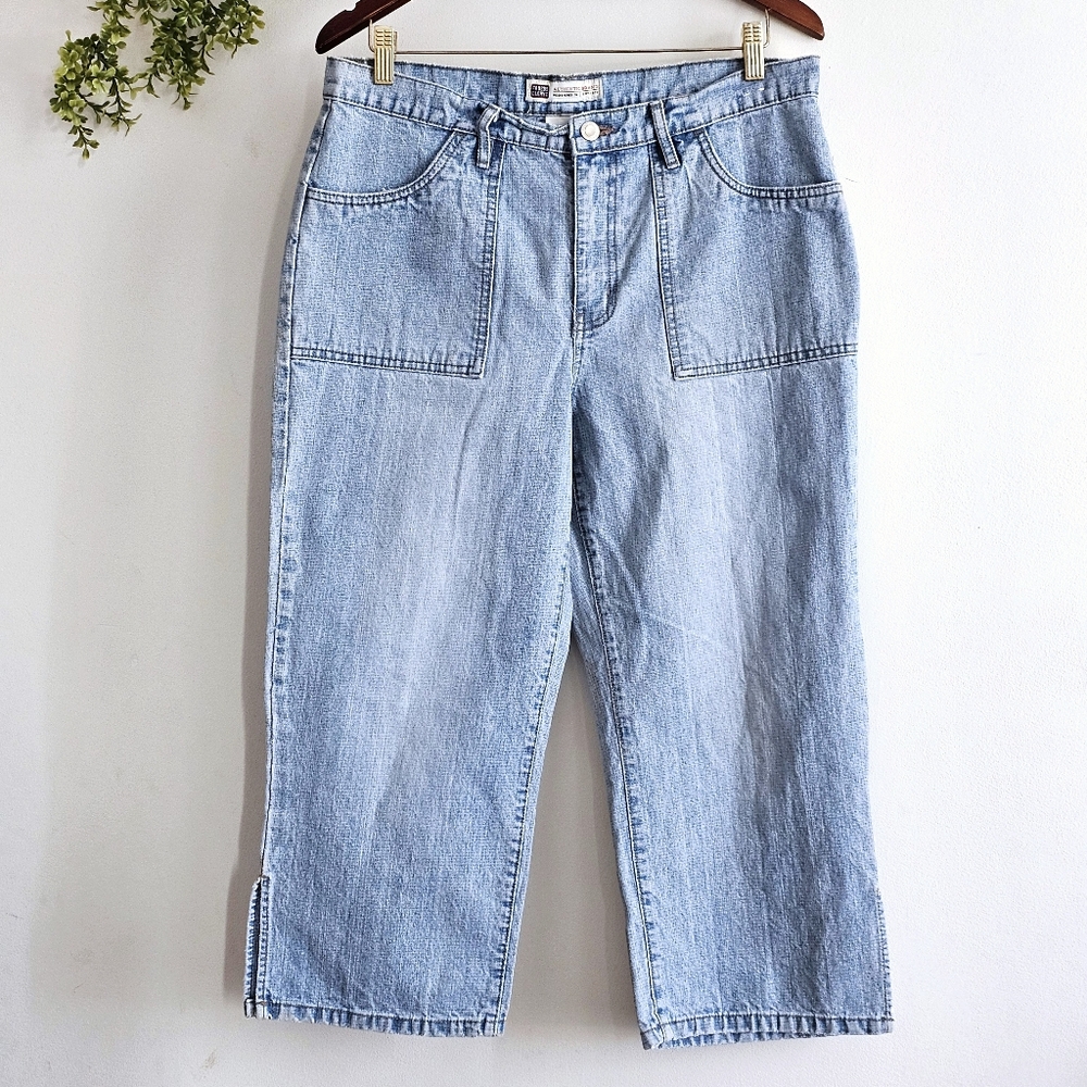 Vintage 90s Faded Glory Denim Capri Jeans Light Wash Cropped Slit Hem Missy 14